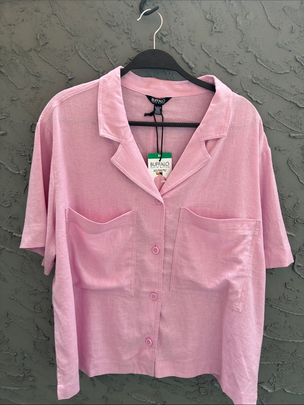 NWT Linen Viscose Camp 
Buffalo Boxy Barbie Light Pink Short Sleeve Button-Up XL